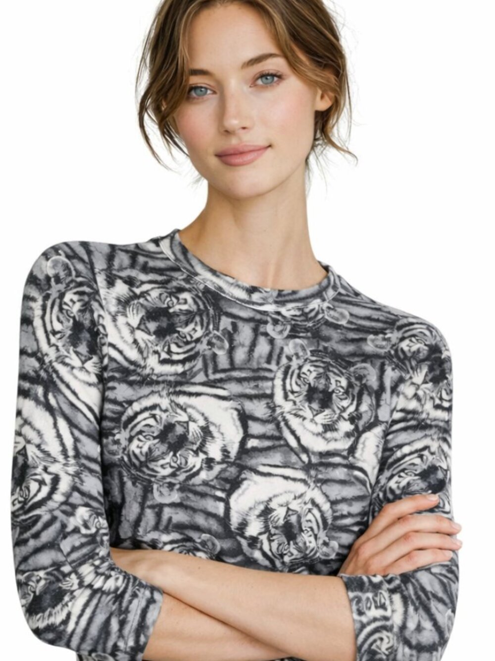 Very small L, CuteTiger print top, soft stretchy knit, 50% cotton